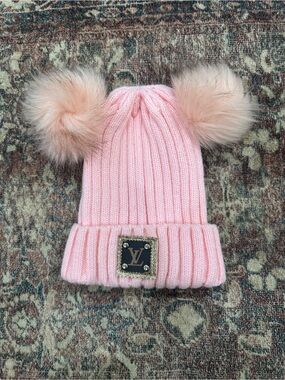 Pink Double Pom Pom Knit Beanie Hat w/ Upcycled LV Patch